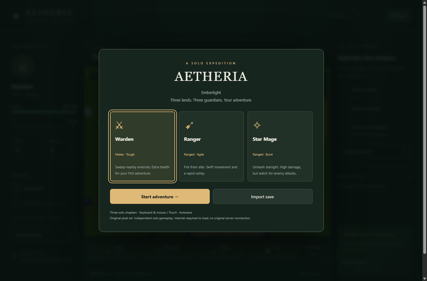 The three starting classes in Aetheria’s English browser menu