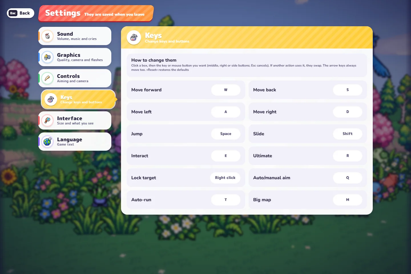 PokeBonk Settings Keys page with configurable keyboard bindings