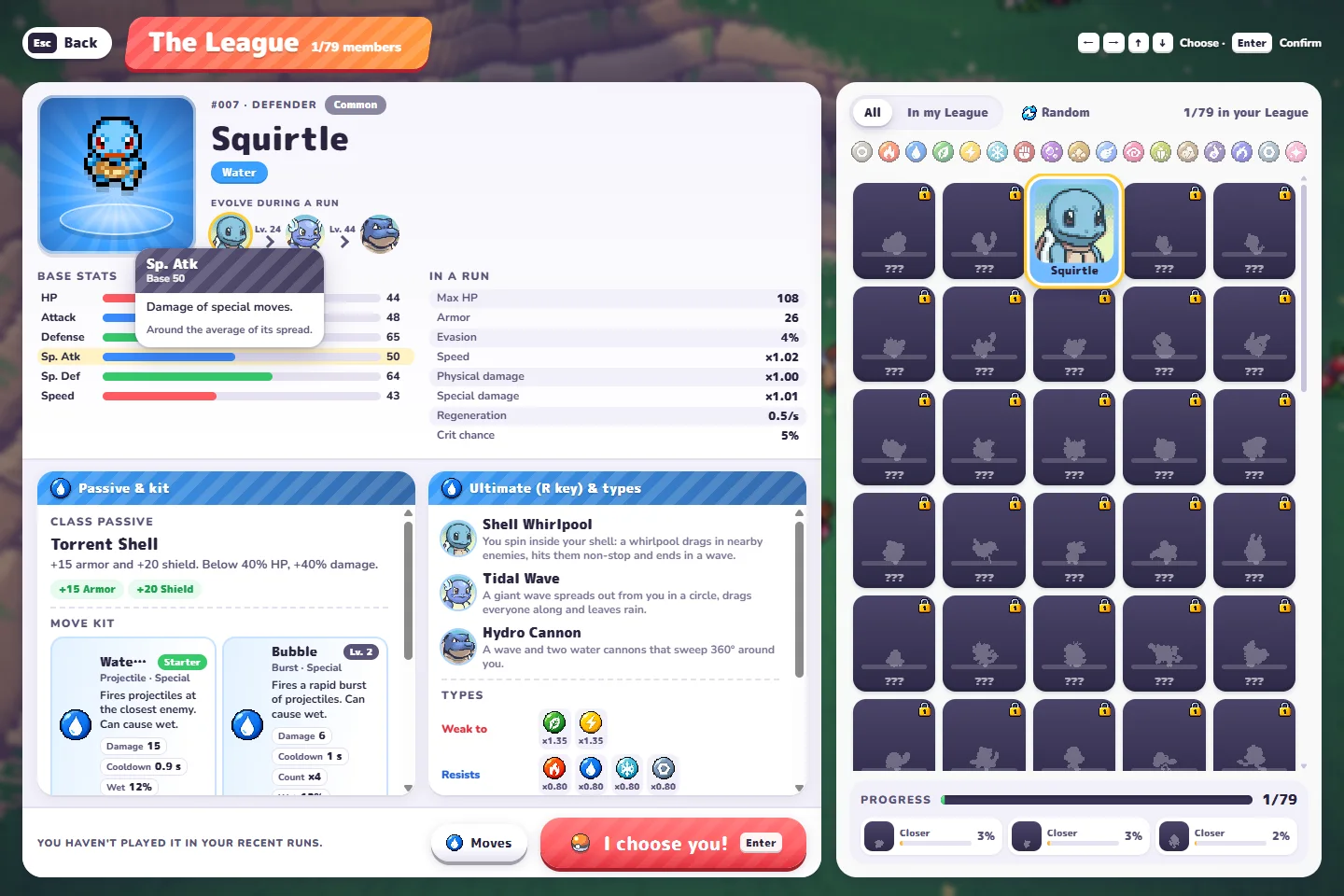 Squirtle selected in The League with its starting move and kit