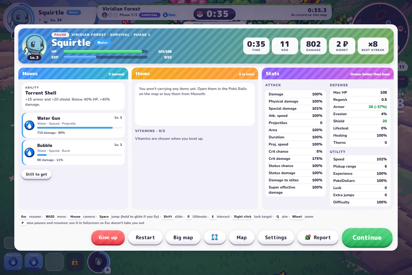 Paused Squirtle run with Water Gun and Bubble both listed with recorded damage