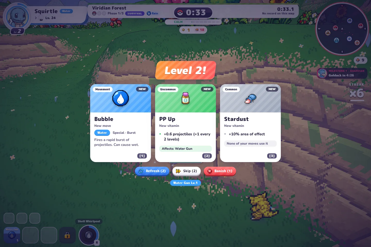 Actual level-2 PokeBonk offer: Bubble, PP Up affecting Water Gun, and Stardust with an unused-effect warning